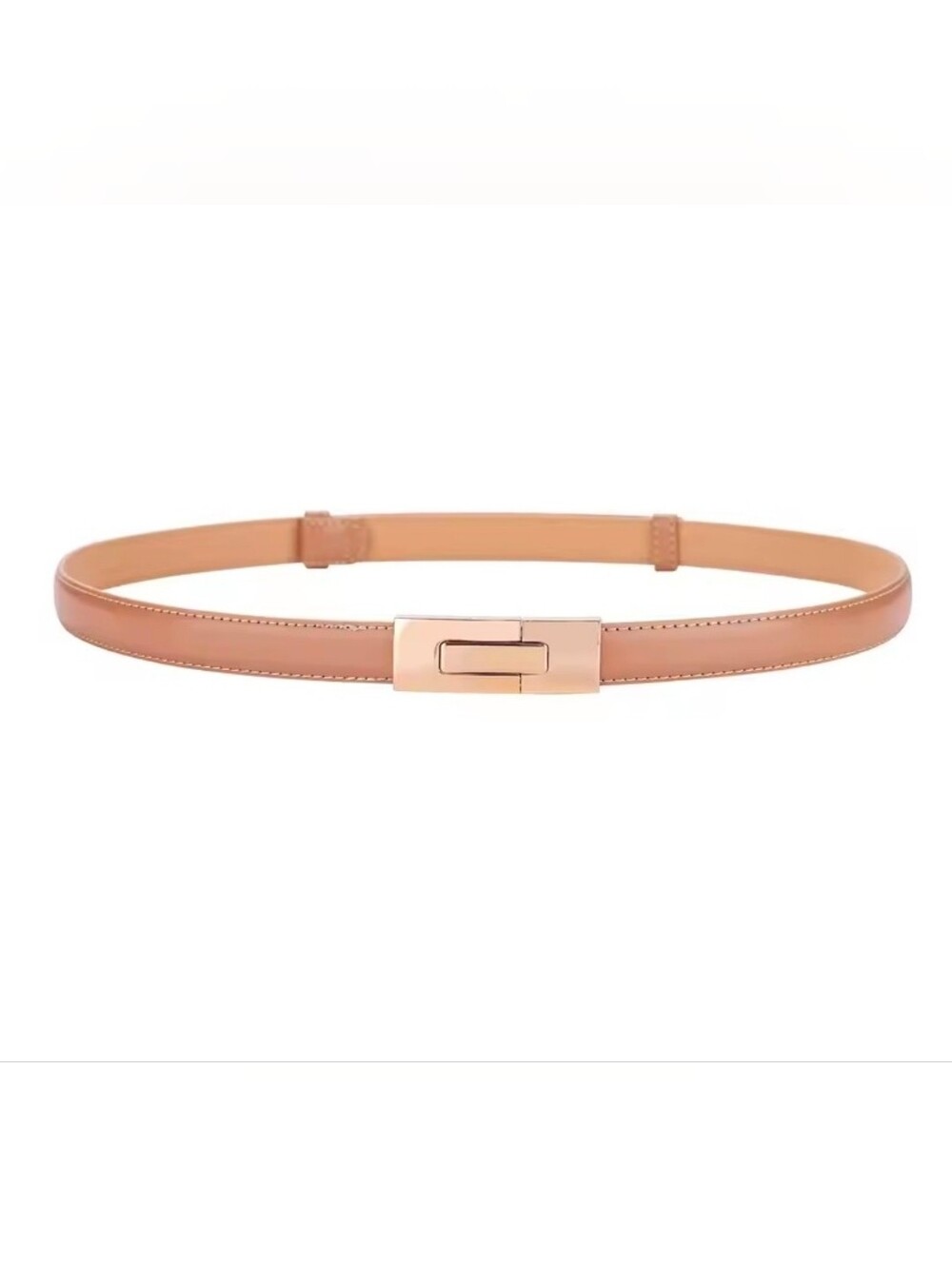 Women's Tan Skinny Belt with Rose Gold Rectangular Buckle